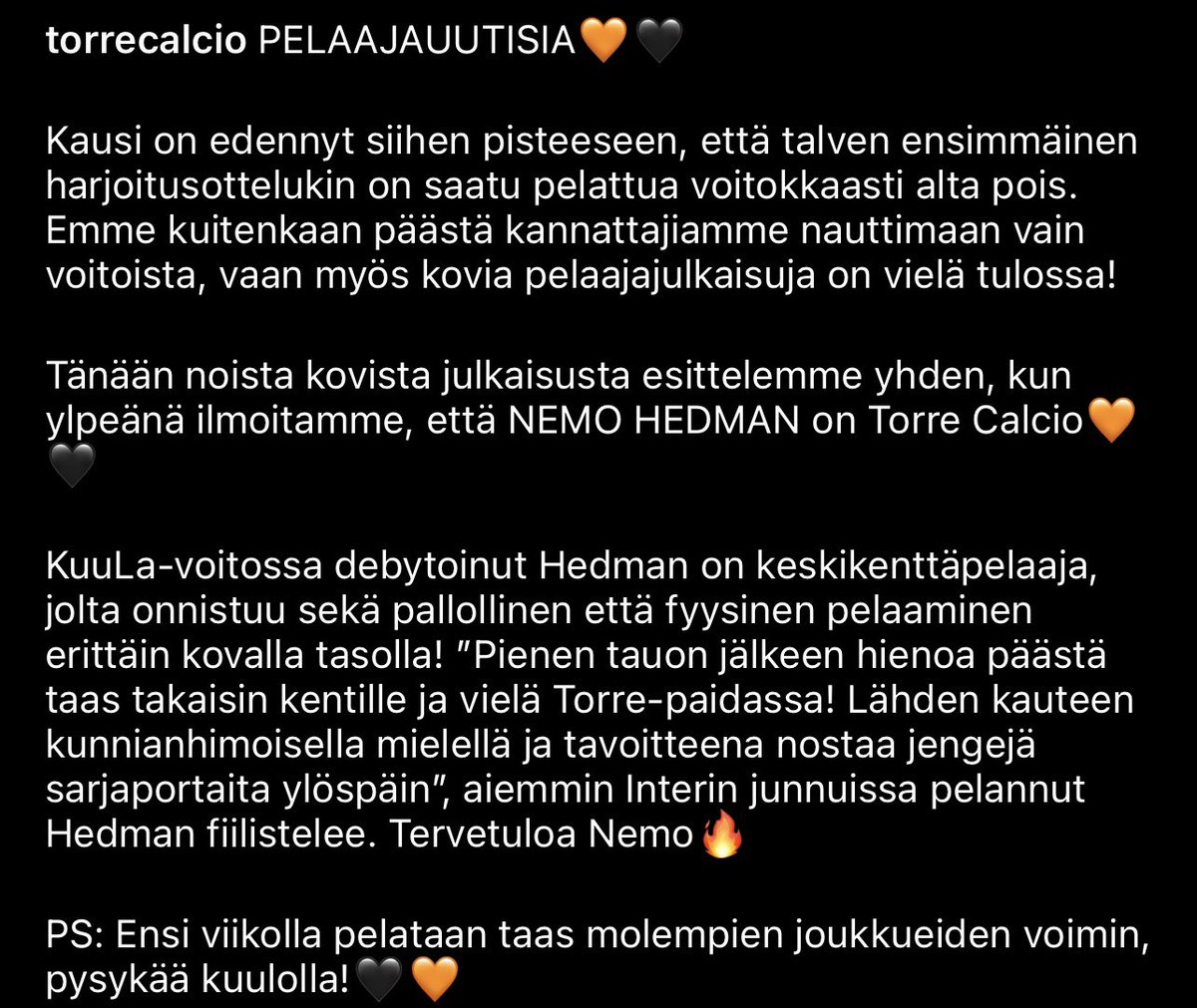 TorreCalcio's tweet photo. NEMO HEDMAN on Torre Calcio 🧡🖤
#Vitonenlänsi #Kutonenlänsi #TorreCalcio https://t.co/rrEkBdgrLn