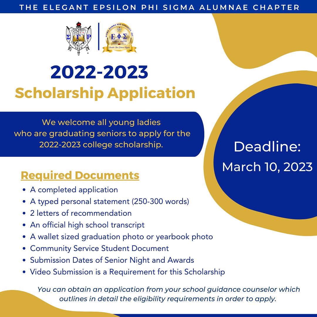 epsilonphisigma's tweet photo. BIG NEWS! Our 2022-2023 Scholarship Application is open and accepting applicants from now until March 10, 2023! 

Please share across your networks! Eligible candidates are encouraged to apply! Click here for more information 👉🏽 https://t.co/5Z5X59vMmQ  

#sigmagammarho https://t.co/gbqb41HWA6