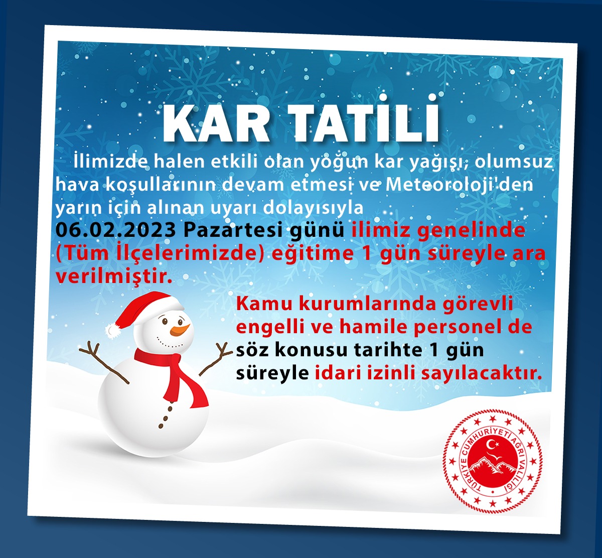 🌨️İlimiz genelinde eğitime 1️⃣ gün süreyle ara verilmiştir.🌨️

#kartatili