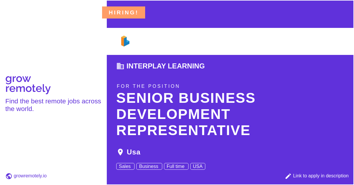 growremotelyio's tweet image. Check out this job at Interplay Learning for the position Senior Business Development Representative.

 Apply link: growremotely.io/?id=63def63d58…

#hiring #remotejobs #InterplayLearning #SalesandMarketing
