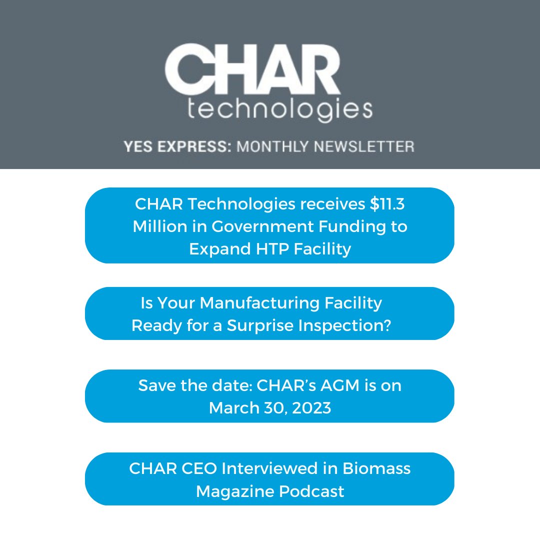 Lots of exciting news from CHAR Technologies this past month! 

If you missed the latest issue of our monthly YES Express newsletter, check it out here:

mailchi.mp/chartechnologi…

#biocarbon #renewablegas #biomass #investments 
#regulations #environment #compliance #cleanenergy
