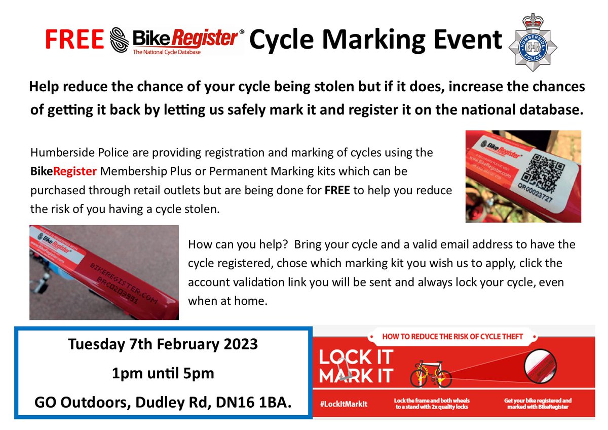 Humberbeat_NL's tweet image. #Frodingham @BikeRegister event reminder for @GOoutdoors.  It's completely FREE and reduces the chance of your cycle being stolen.
#lockitmarkit #BikeRegister