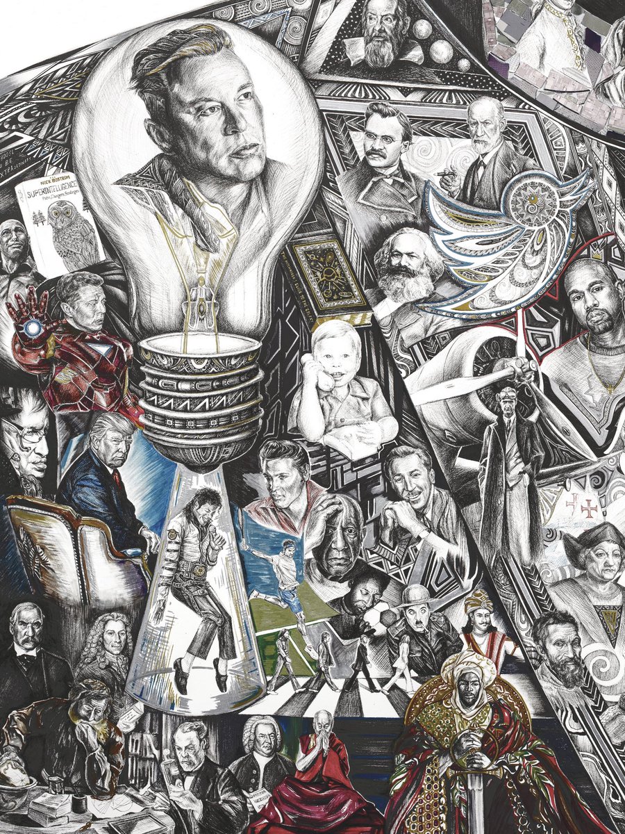 milana_blackman's tweet photo. “WRESTLING WITH GODS”.100 most influential men in the world. @elonmusk and his ventures,@Tesla ,@SpaceX , @neuralink ,AI and a lot more. 
A 9 feet tall PEN ON PAPER piece with a touch of silicon wafers. 
Icons.Rebels.Horrible dictators. Good&amp;Evil. Retweet!#elonmusk https://t.co/uhd2QF0KMf