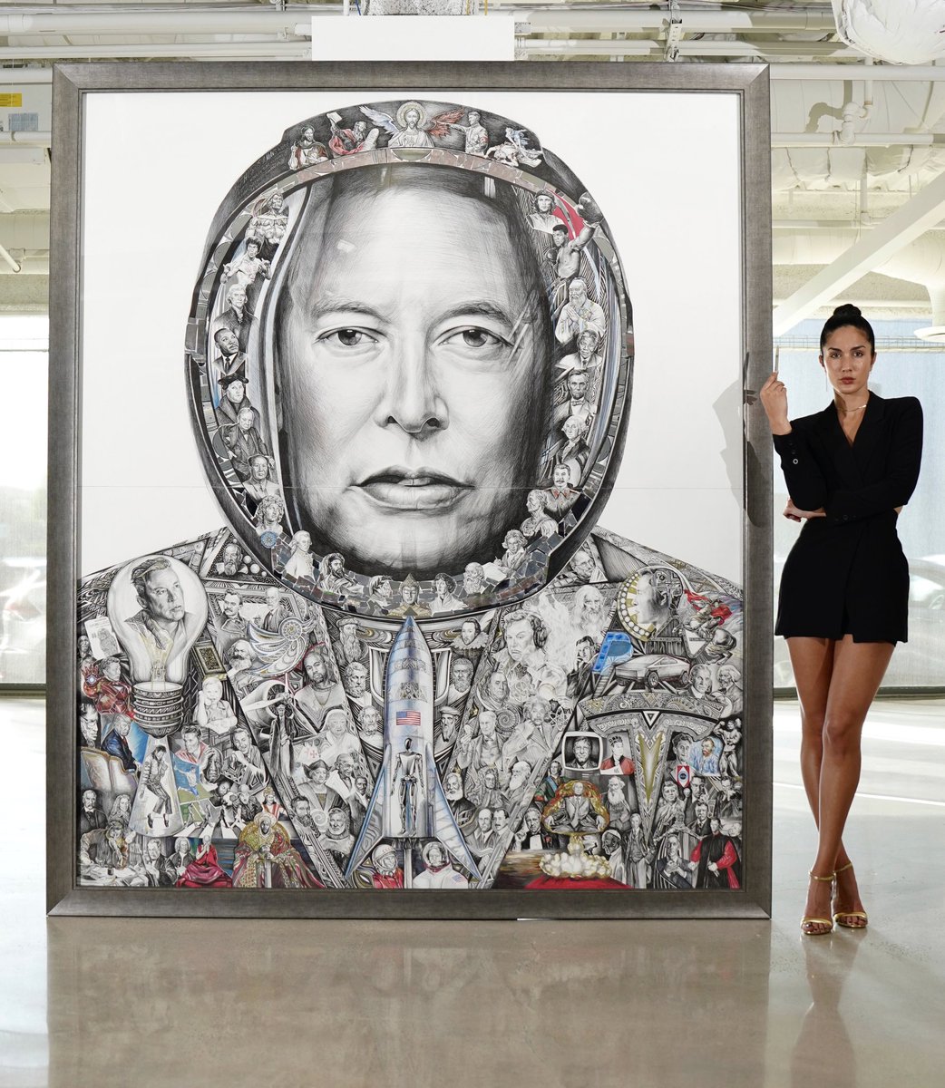milana_blackman's tweet photo. “WRESTLING WITH GODS”.100 most influential men in the world. @elonmusk and his ventures,@Tesla ,@SpaceX , @neuralink ,AI and a lot more. 
A 9 feet tall PEN ON PAPER piece with a touch of silicon wafers. 
Icons.Rebels.Horrible dictators. Good&amp;Evil. Retweet!#elonmusk https://t.co/uhd2QF0KMf