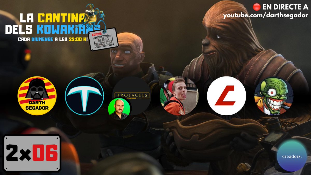 🟡 Com cada diumenge, toca directe per a parlar del sisè episodi de la segona temporada de #TheBadBatch 🔥

🕙 A les 22:00 h
🔗 youtube.com/live/M6Q_CtjnO…

Avui amb <a href="/TitafredaTwitch/">Titafreda</a>, <a href="/trotacels/">TROTACELS</a>, <a href="/BlaiForns/">Blai Forns i Garcia</a>, <a href="/martifoix/">Martí Foix Pérez</a> i <a href="/FerranCobra/">Ferran Cobra F.</a> 🙌

#LaCantinaDelsKowakians