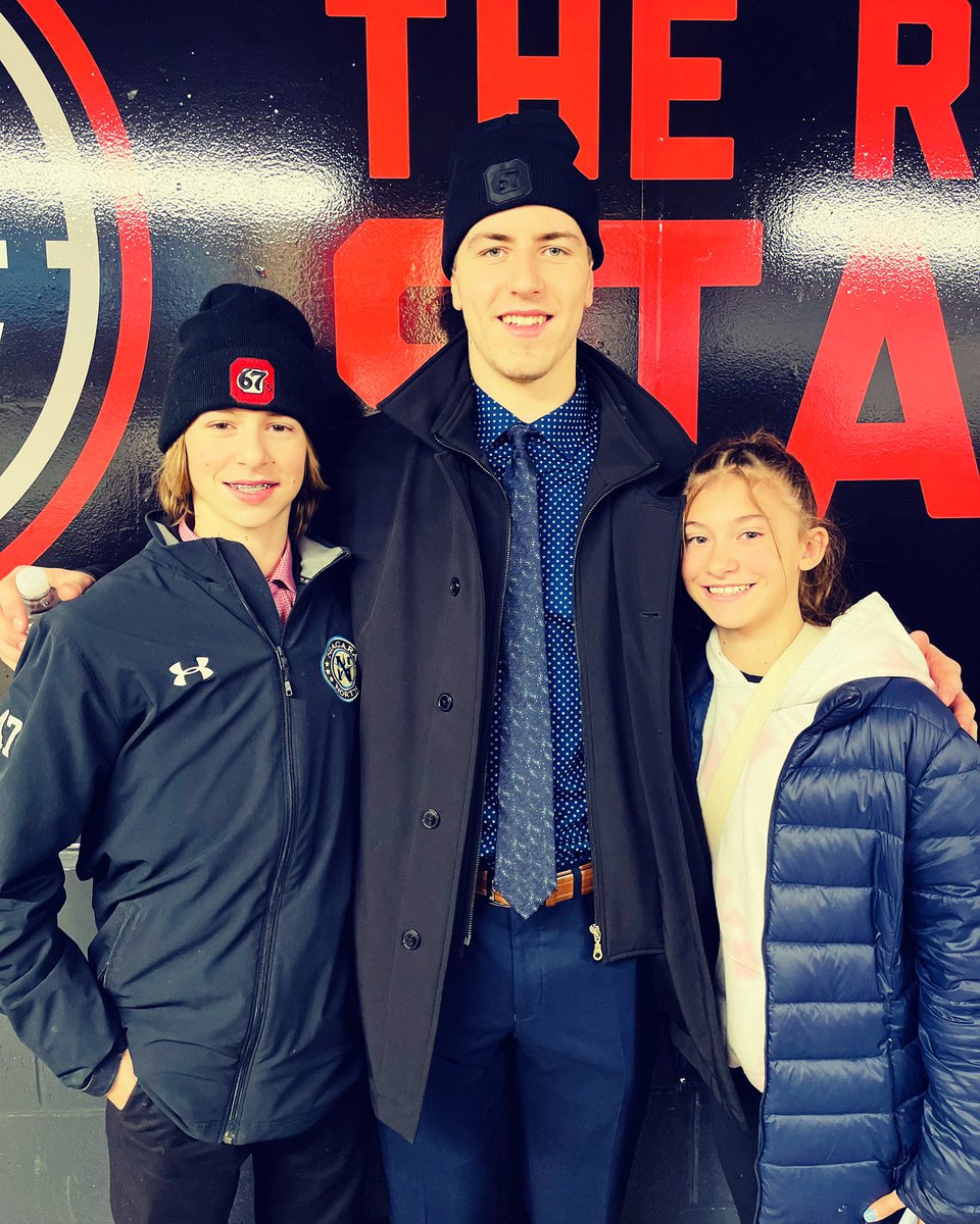 MMatier's tweet photo. The @Ottawa67sHockey vs @StingHockey to start #OHLDay games. Let’s go 27 and the Barber Poles 🔥 #JackieMoon27 #Reece2008 #MsBrynn ❤️ https://t.co/0A17ZiBhpS