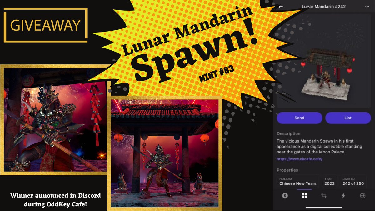 🔔Giveaway, round 3!🔔
Congrats to <a href="/raulcespedes58/">Raúl Céspedes</a> for being previous winner!

Lunar Mandarin Spawn ⬇️

To enter:
- Follow <a href="/OddKeyNFT/">OddKey</a> &amp; @OddKeyCafe 
- 💓&amp; RT
- Tag 2 friends! 

Winner will be announced during our live show Friday with <a href="/Clayton_Crain/">Clayton Crain</a> in <a href="/Todd_McFarlane/">Todd McFarlane</a>'s discord!