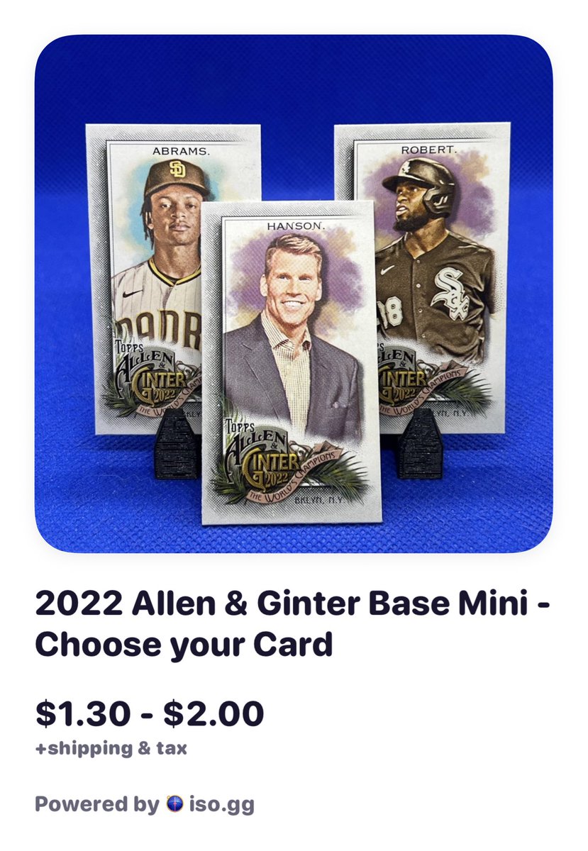 NolaCardBoard's tweet photo. 2022 Allen &amp; Ginter Base Mini - Choose your Card #bcb 4068: Follow and reply with #bcb <team name> to claim and purchase! e.g. #bcb CJ Abrams RC #218 @BuckCityBreaks https://t.co/vR1JWxc5Bn