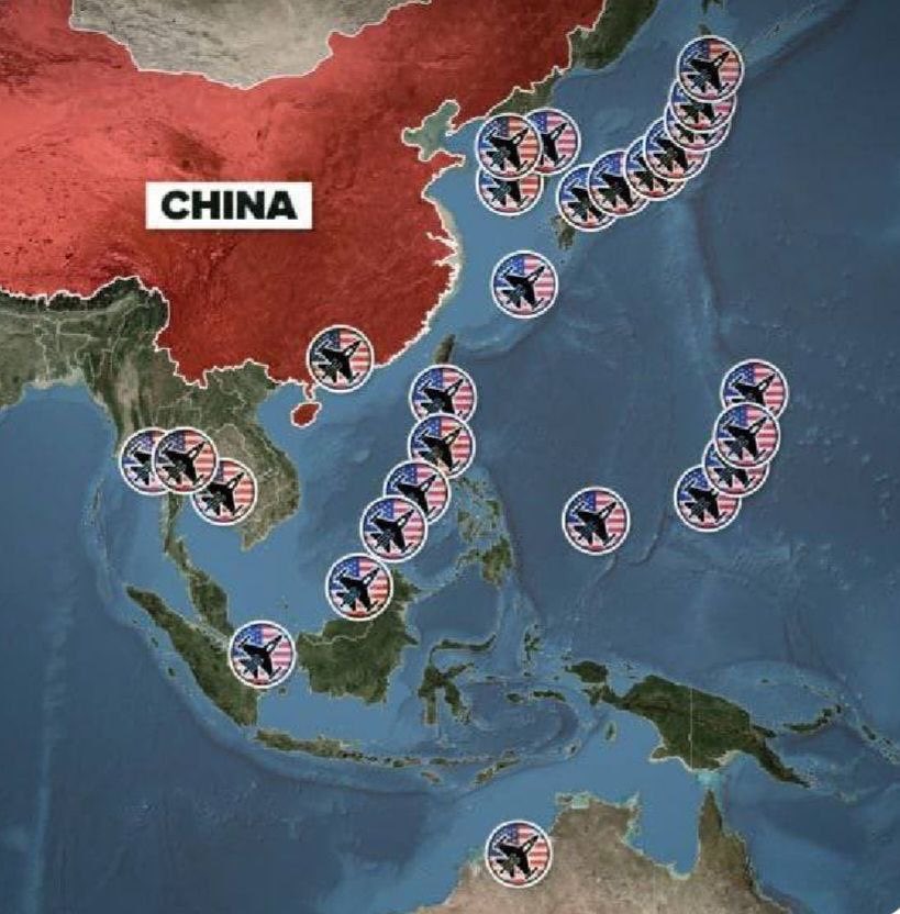 Éstas son las bases americanas frente a China. Sinceramente no comprendo la histeria que se ha desatado en Estados Unidos por un globo chino. Si China tuviera ese mismo número de bases rodeando Estados Unidos qué pasaría? Nos harían transfusiones de calmantes?