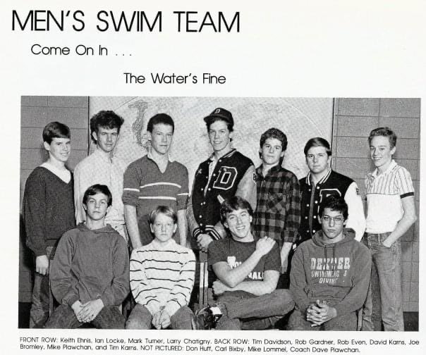 DexterSwimDive's tweet photo. Dexter Varsity swim team 1988!   Dave Karns (back row, with hat) and his classmates were the first 4 year swimmers at Dexter!  Dave went on to coach Dexter from 1994-1996! #history #fromthebeginning #DexSwim #DexDive https://t.co/SCoMKU4tXo