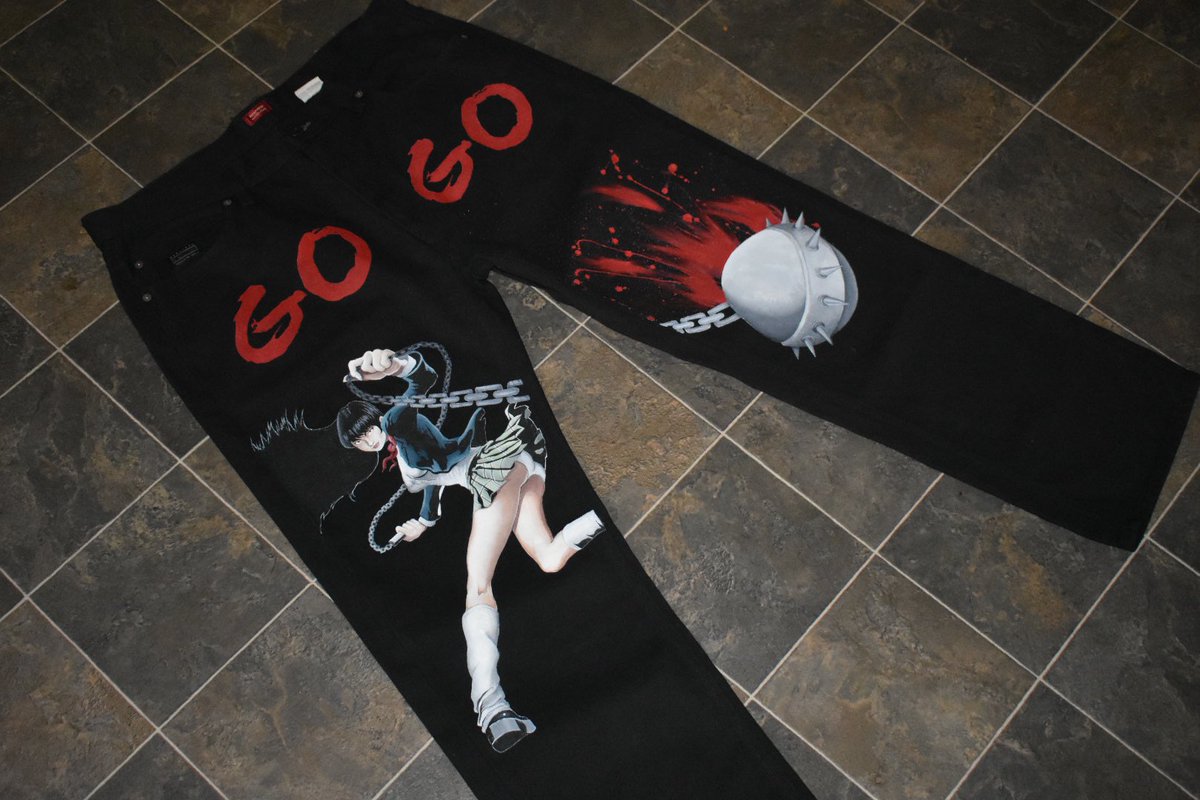 KyngRed_Kustomz's tweet photo. Kill Bill’s Gogo custom jeans https://t.co/tprtYE2H14