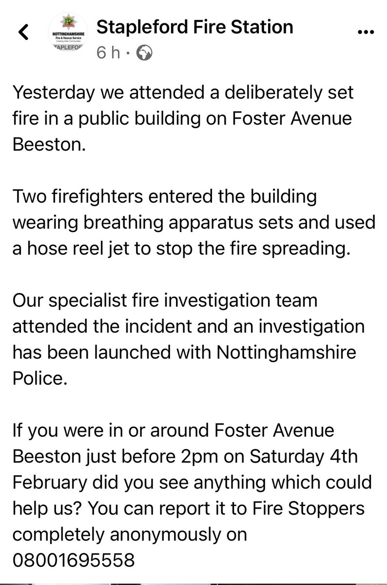 NottsLibraries's tweet photo. We’d like to thank the Fire Service for their swift attendance at Beeston Library. 

We will be onsite early Monday morning to assess the damage - we hope to reopen as soon as possible! 

If you can help -call FIRESTOPPERS, completely anonymously 08001695558
@nottsfire @NottsCC https://t.co/eAKRwzJEH8