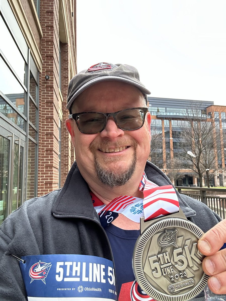 StraitChris's tweet photo. A lot of fun! Apple Watch measured under 3 miles; should be 3.1 miles. Who am I to argue with the race organizer? 1st 5K. Not bad for a 50 something guy 17 months from hip replacement surgery. Next year Iβll do better. @BlueJacketsNHL, @OhioHealth @M3SSports #5thLine5K #CBJ! https://t.co/9psTrtgJFI
