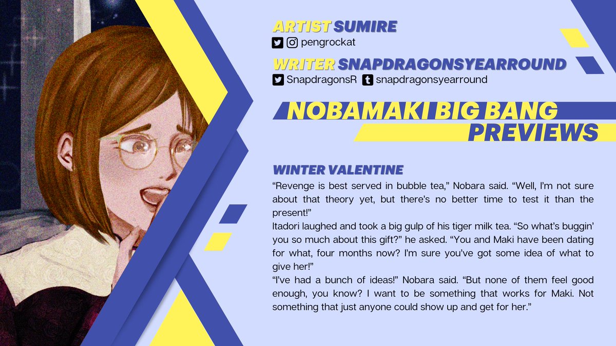 nobamakibb's tweet photo. ✨ NobaMaki Big Bang Previews

Our next preview is from @SnapdragonsR and @pengrockat! 

Make sure to join in on their fun this year as Nobara looks to find the best present for Maki! https://t.co/Cnka8ITuzJ