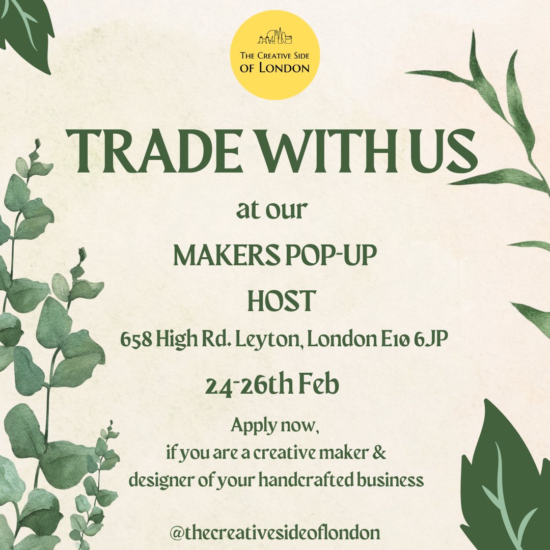 CreativesideLDN's tweet photo. Apply now to trade with us at our Makers Pop-Up @ThisisHost 
February 24-26th
If you are a maker, designer, curator, small business selling handcrafted, locally produced/grown, ethically made art and productions, this is for you.
https://t.co/BcjJtGnxKV https://t.co/No3oEIfpAF