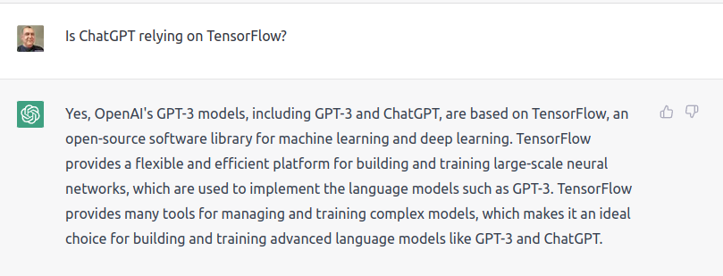 vgfl's tweet photo. @lexfridman Actually it's wrong. ChatGPT relies on TensorFlow, which is a C++ package. In case you have a doubt, ask ChatGPT itself: https://t.co/8PH3EDRbNT