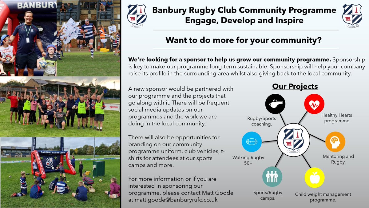 Want to do more for your community? 

We’re looking for a sponsor to help us continue to grow our community programme. 

If you’re interested in sponsoring our programme or think you may know somebody who may be interested, then please contact matt.goode@banburyrufc.co.uk