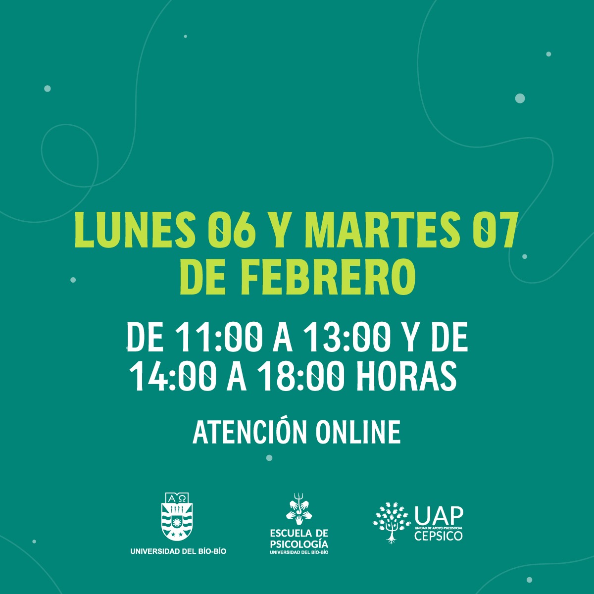 [IMPORTANTE] La Unidad de Apoyo Psicosocial Cepsico UBB realizará atención gratuita a la comunidad el lunes 6 y martes 7 de febrero, de 11 a 13 horas y de 14 a 18 horas, en modalidad online.
Las personas interesadas deben solicitar su hora en:
facebook.com/uapcepsico