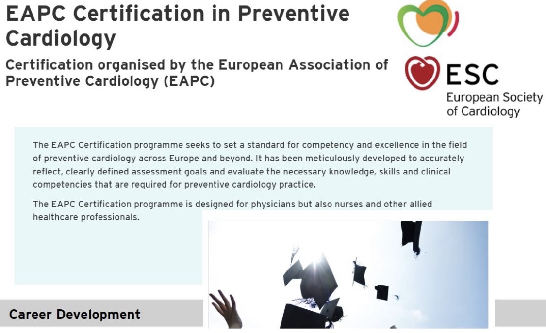 ✅ It is never too early or too late to get certified in Preventive Cardiology….

✅ The first #EAPC_ESC certification exam is in May! Be ready! 🤩

✅ Refresh your knowledge and add all the novelties in Malaga #ESCPrev23 

✅ Be the first one!!