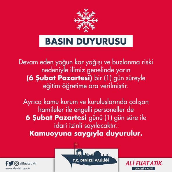 Yoğun kar yağışı sebebiyle  Valilik kararıyla 06.02.2023 Pazartesi günü eğitime bir gün ara verilmiştir. Kamuoyuna saygıyla duyurulur.