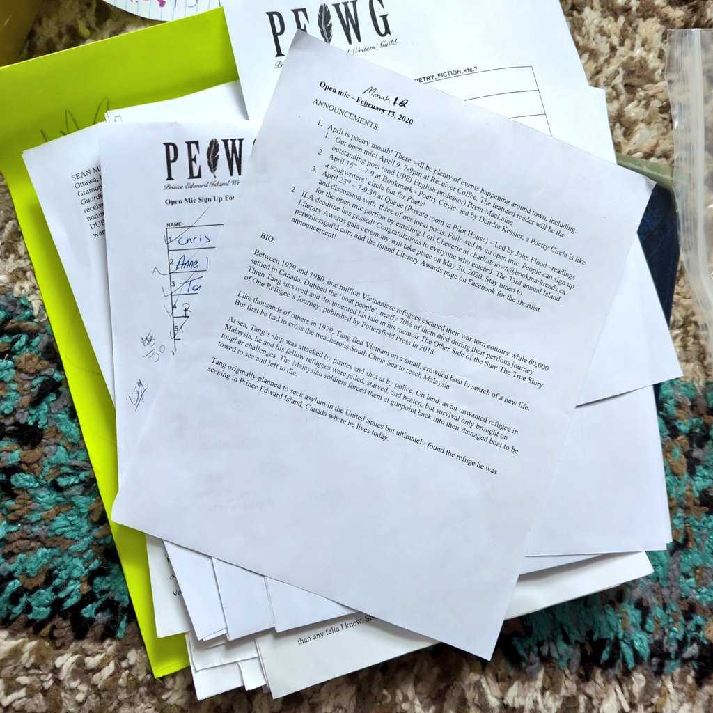 Cleaning up the office at home, reliving the fond memories of all the years I hosted the <a href="/PEIWritersGuild/">PEI Writers' Guild</a> open mic. I think this was the last script I wrote before COVID shut them down.