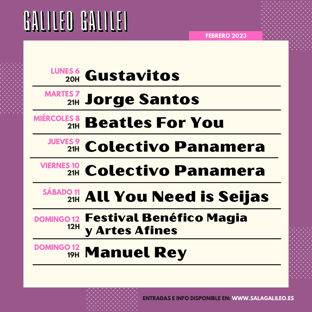 salagalileo's tweet photo. 🗓️Programación del 6 al 12 de febrero 💥
🎟️Entradas e info en: https://t.co/5kSIpqTEf4
@metropolis_ce 
@beatles4_u 
@colectivopanam2 
@pablo_seijas https://t.co/mxr3CbqFl5