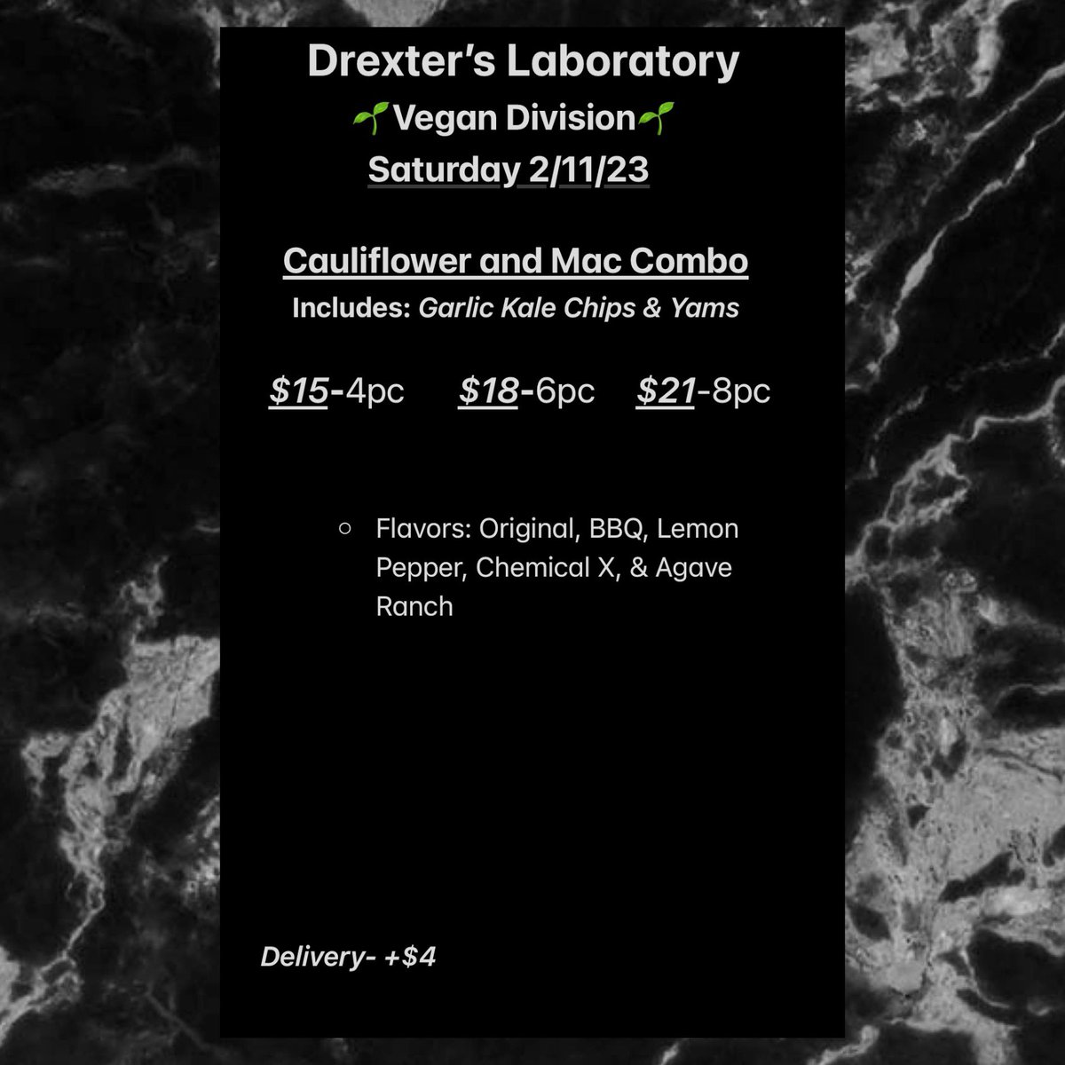 ChefBoyarDrex's tweet photo. Wings/Cauliflower &amp; Mac  

Will be serving on Saturday, 2/11. Accepting orders until Thursday, 2/9 8:30pm

Denton pickup/delivery(+$4) only https://t.co/rp777feuTe