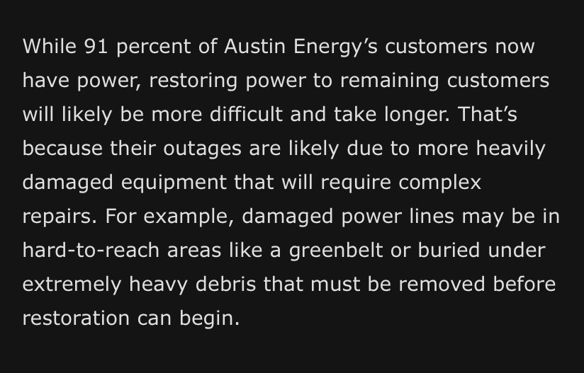 chitoforatx's tweet photo. Bad news for those still without electricity at this point. The remaining repairs are the most difficult/complex and may take longer. My sincere apologies, but I want folks to be aware so they can prepare. See the update from the city below. https://t.co/8zJEPElXGd