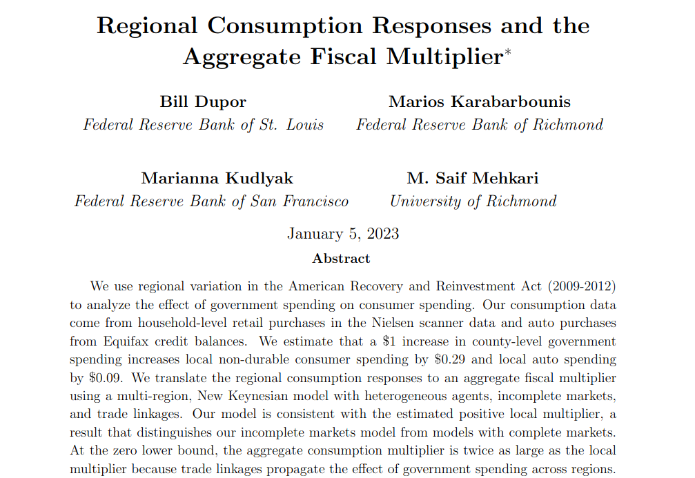 RevEconStudies's tweet photo. Recently published in REStud, ``Regional Consumption Responses and the Aggregate Fiscal Multiplier", from Dupor @stlouisfed, Karabarbounis @RichmondFed, Kudlyak @sffed and Mehkari @urichmond:
https://t.co/iT2UXZylg8
#ConsumerSpending #FiscalMultiplier https://t.co/JKQ9lGiw04