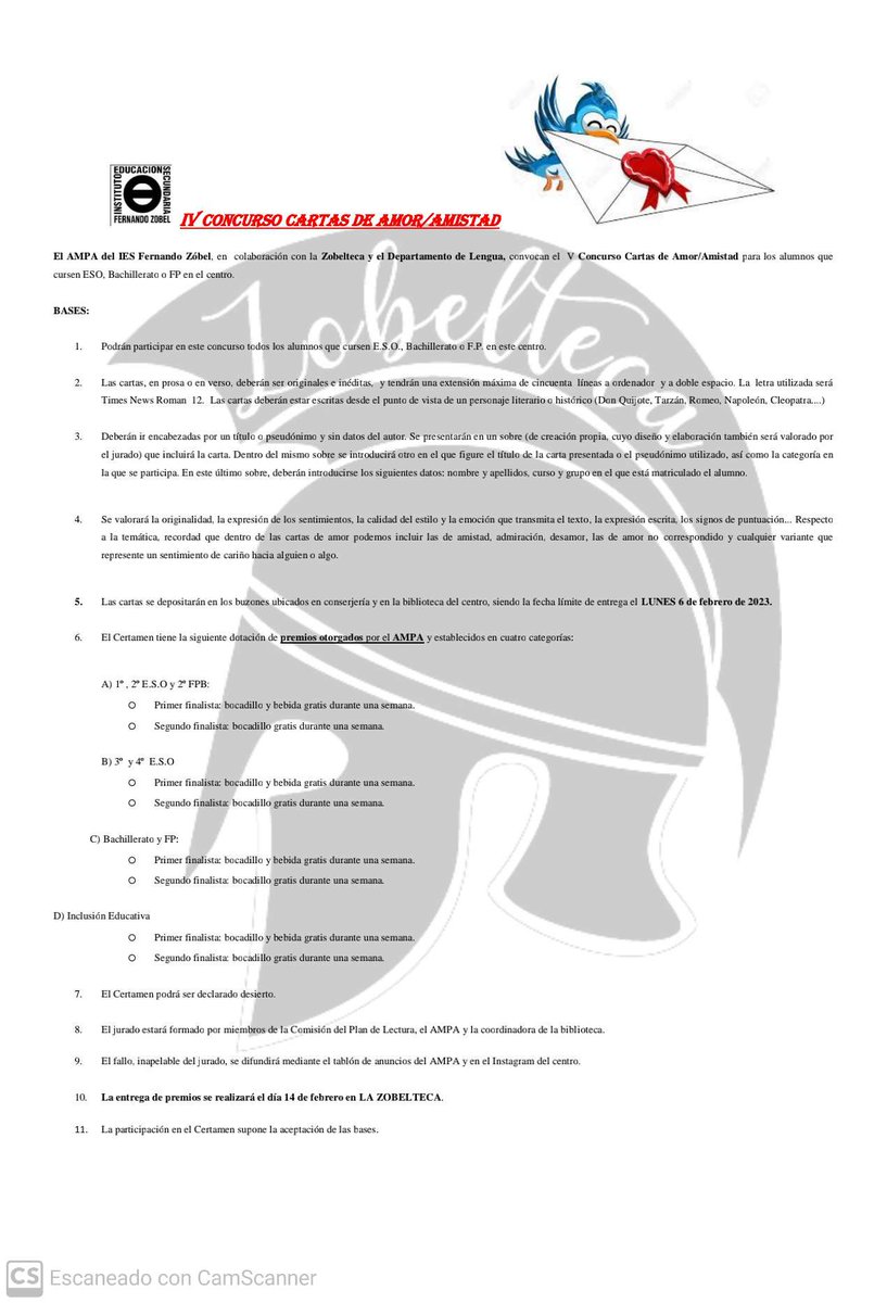 Para celebrar el amor, la amistad y la familia, la zobelteca, en colaboración con el AMPA, ha organizado el V concurso de cartas de amor. La fecha de entrega es hasta el 8 de febrero.
Puedes consultar las bases en la siguiente imagen o en el blog de la zobelteca