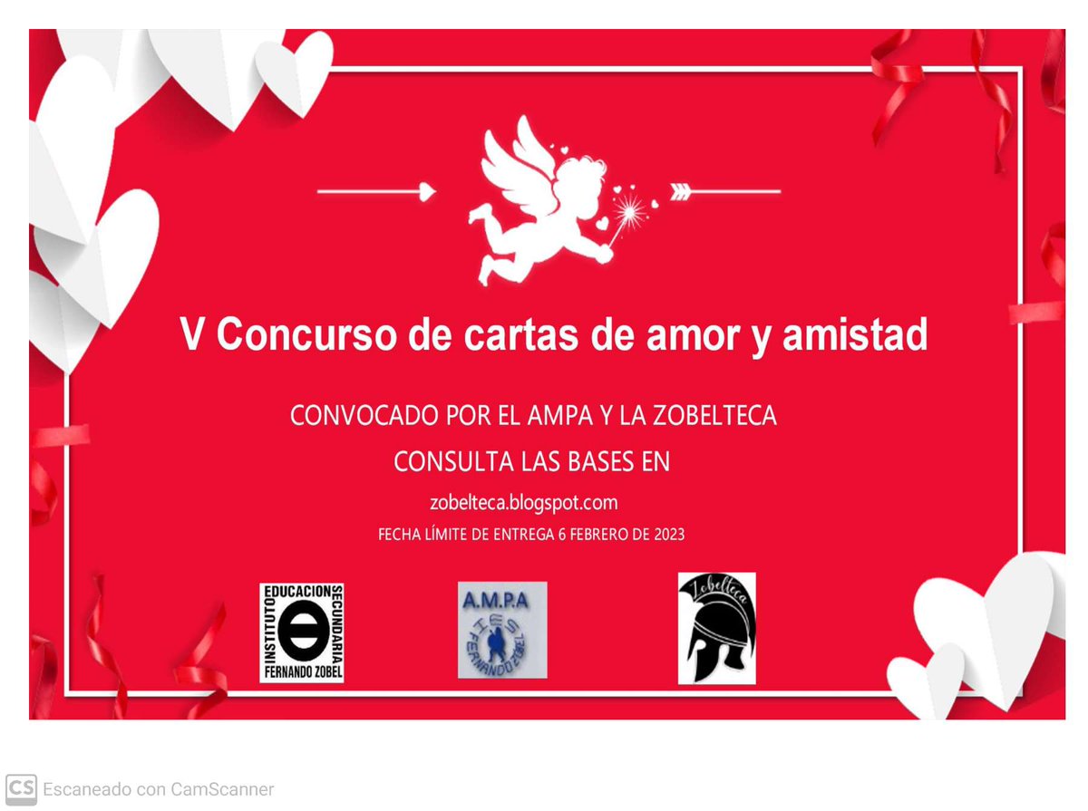 IESZobel's tweet photo. Para celebrar el amor, la amistad y la familia, la zobelteca, en colaboración con el AMPA, ha organizado el V concurso de cartas de amor. La fecha de entrega es hasta el 8 de febrero.
Puedes consultar las bases en la siguiente imagen o en el blog de la zobelteca https://t.co/oCDtOZKm96