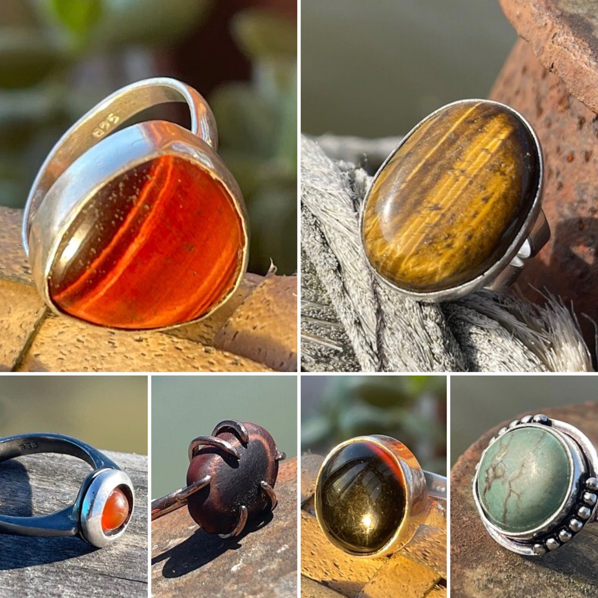 A wide range of rings are available. Gemstones include tigers eye, carnelian, turquoise and lapis. I also have some lovely vintage pieces &amp; seed rings. To see all - etsy.com/uk/shop/EcoOct… 🙂

#CraftHour
#handmadehour #MHHSBD #YourBizHour #boho
#womaninbizhour #celebsforsmallbiz