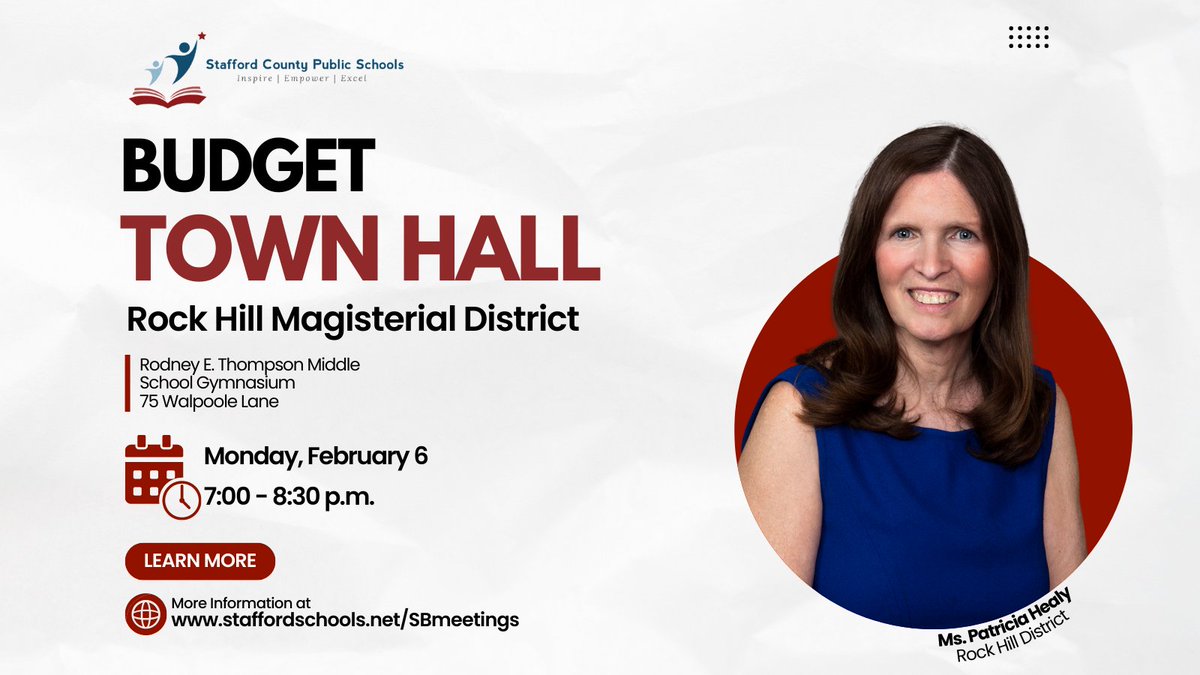 The Budget Town Hall for the Rock Hill Magisterial District is TOMORROW at 7:00 p.m. Visit the gym at Rodney E. Thompson Middle School located at 75 Walpole Lane to have your voice heard. #StaffordSchoolBoard