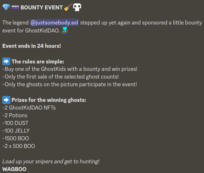 GhostKidDAO's tweet photo. Did someone say sweep event? 👻

For the next 20 hours you have a chance to win some prizes from our very own @NFThuntin 👀

#WAGBOO https://t.co/aiiS9IwVRL