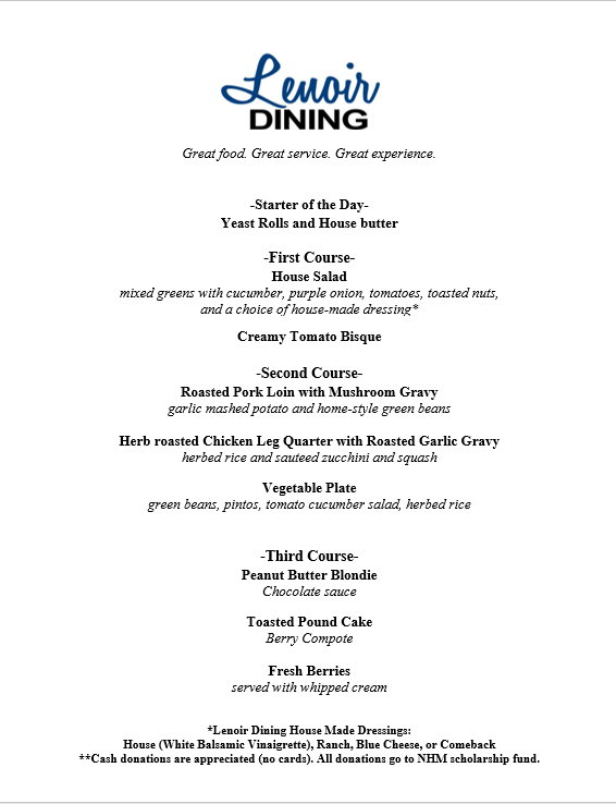 Friends we are back for Spring 2023!  Join us Tuesday, Wednesday, or Thursday for our Homestyle menu! Reservations available at 11:30 and 12:30!