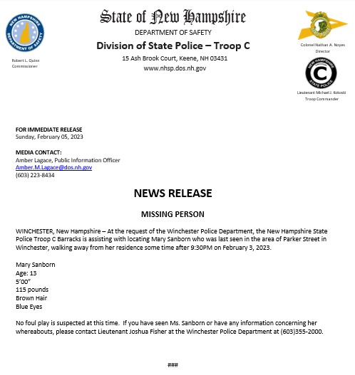 NH_StatePolice's tweet image. MISSING PERSON

At the request of the Winchester Police Department, the #NHSP #TroopC Barracks is assisting with locating Mary Sanborn who was last seen in the area of Parker Street in Winchester, walking away from her residence some time after 9:30PM on February 3, 2023.