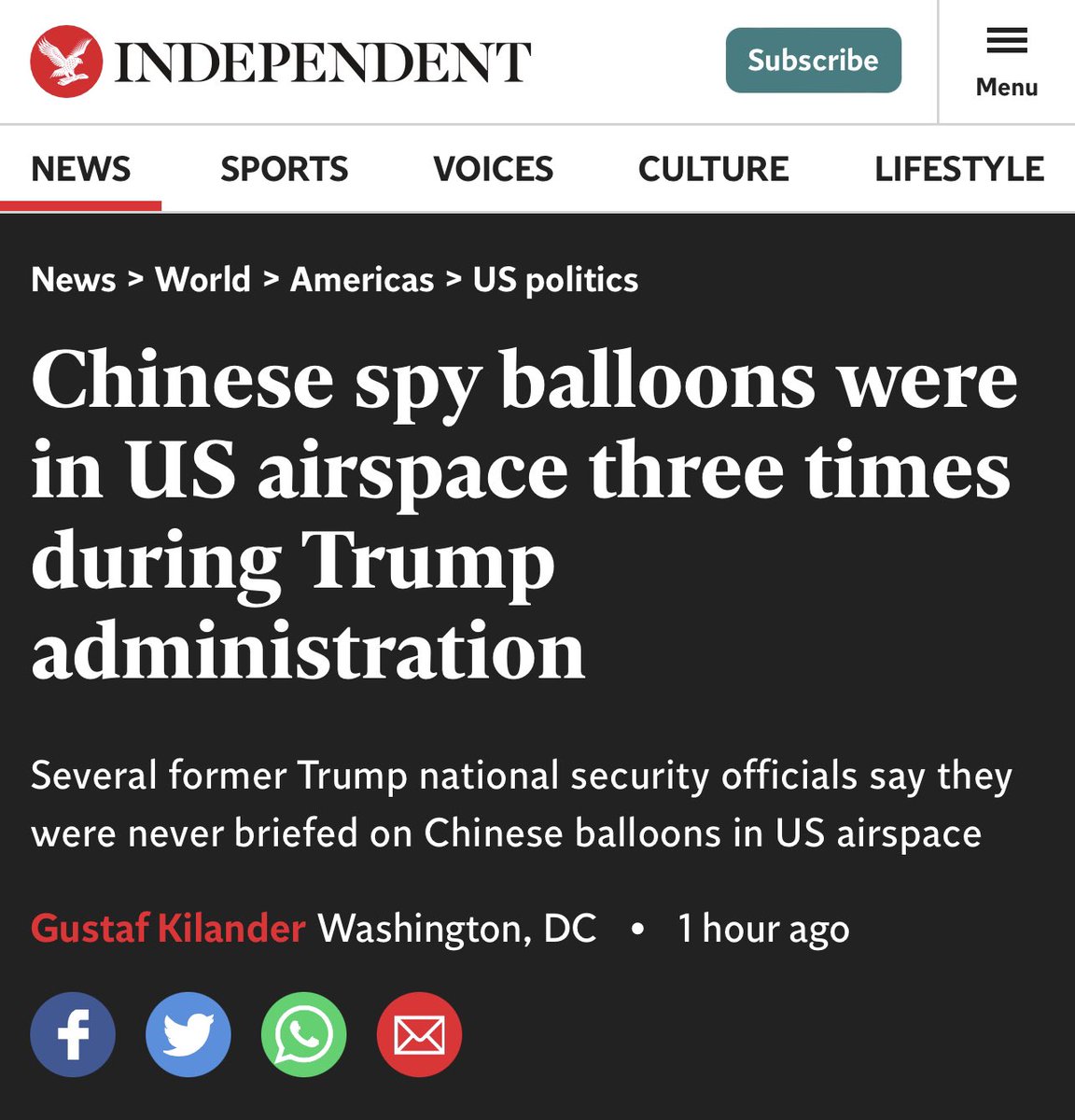 The same defence apparatus that lied to Trump about the number of US soldiers that remained in Syria are now - *for the first time ever* - telling the world that Trump let 3 Chinese spy balloons fly through American air space during his presidency.

Yup. Sounds legit.