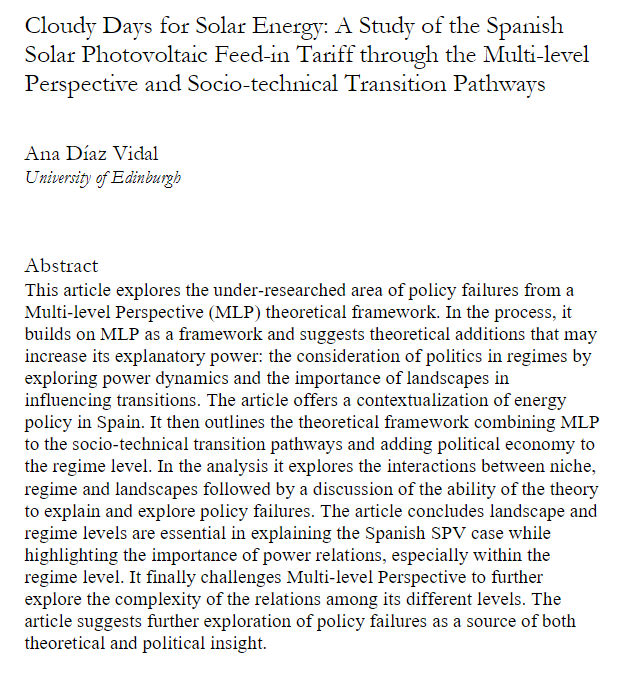 aanndv's tweet photo. I just got published! And I think the title (Cloudy Days for Solar Energy) is pretty astute...
I write about how #solarPV policy failed in Spain and what we can learn from this, using the #multilevelperspective
https://t.co/9dzSowmQF9 https://t.co/nGNYhuDcqq