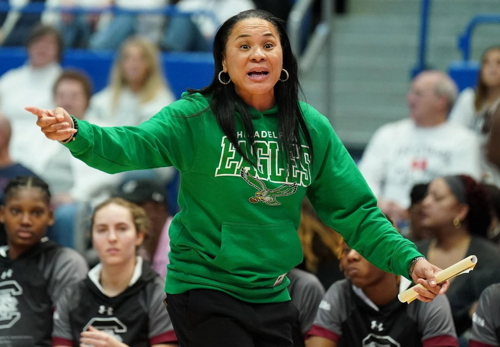 Bryan Armen Graham on X: Dawn Staley in a kelly green Eagles hoodie  winning at UConn for the first time >>>>>   / X