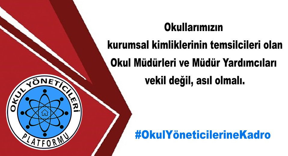 Sorumluluğu çok yetkilileri az, okul müdürü ve müdür yardımcılarının özlük hakları iyileştirilmelidir.
#OkulYöneticilerineKadro 
<a href="/tcbestepe/">T.C. Cumhurbaşkanlığı</a>
<a href="/tcmeb/">Millî Eğitim Bakanlığı</a>
<a href="/_aliyalcin_/">Ali YALÇIN</a>
<a href="/TalipGeylan06/">Talip Geylan</a>
<a href="/nejlakurul/">Nejla Kurul</a>
<a href="/kademozbay_/">Kadem Özbay</a>
<a href="/leventkuruoglu/">Levent Kuruoğlu</a>
<a href="/oguzozat/">Oğuz ÖZAT</a>