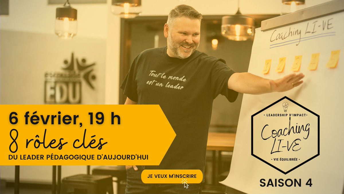 escouadeEDU's tweet photo. La prochaine session de coaching a lieu demain, à 19 h.
Oui, un lundi!
Nous allons explorer 8 rôles clés du leader pédagogique d'aujourd'hui, un leader en transformation.
Pour vous inscrire, c'est par ici : https://t.co/3QvrfzPTLY
À demain!
#coachingLIVE #leadped #eduqc https://t.co/QVsYXPVYOY