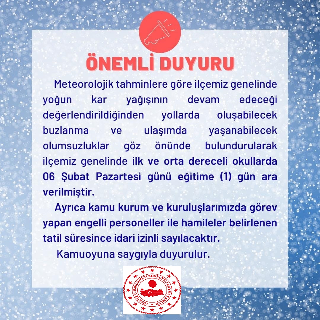 İlçemiz genelinde ilk ve orta dereceli okullarda 06 Şubat 2023 Pazartesi günü eğitime (1) gün ara verilmiştir. korkuteli.gov.tr/06-subat-2023-… <a href="/AntalyaValilik/">T.C. Antalya Valiliği</a> <a href="/korkutelimem/">Korkuteli İlçe Milli Eğitim Müdürlüğü</a> <a href="/IlceNufus/">Korkuteli İlçe Nüfus Müdürlüğü</a> <a href="/IlceTar/">Korkuteli İlçe Tarım ve Orman Müdürlüğü</a>