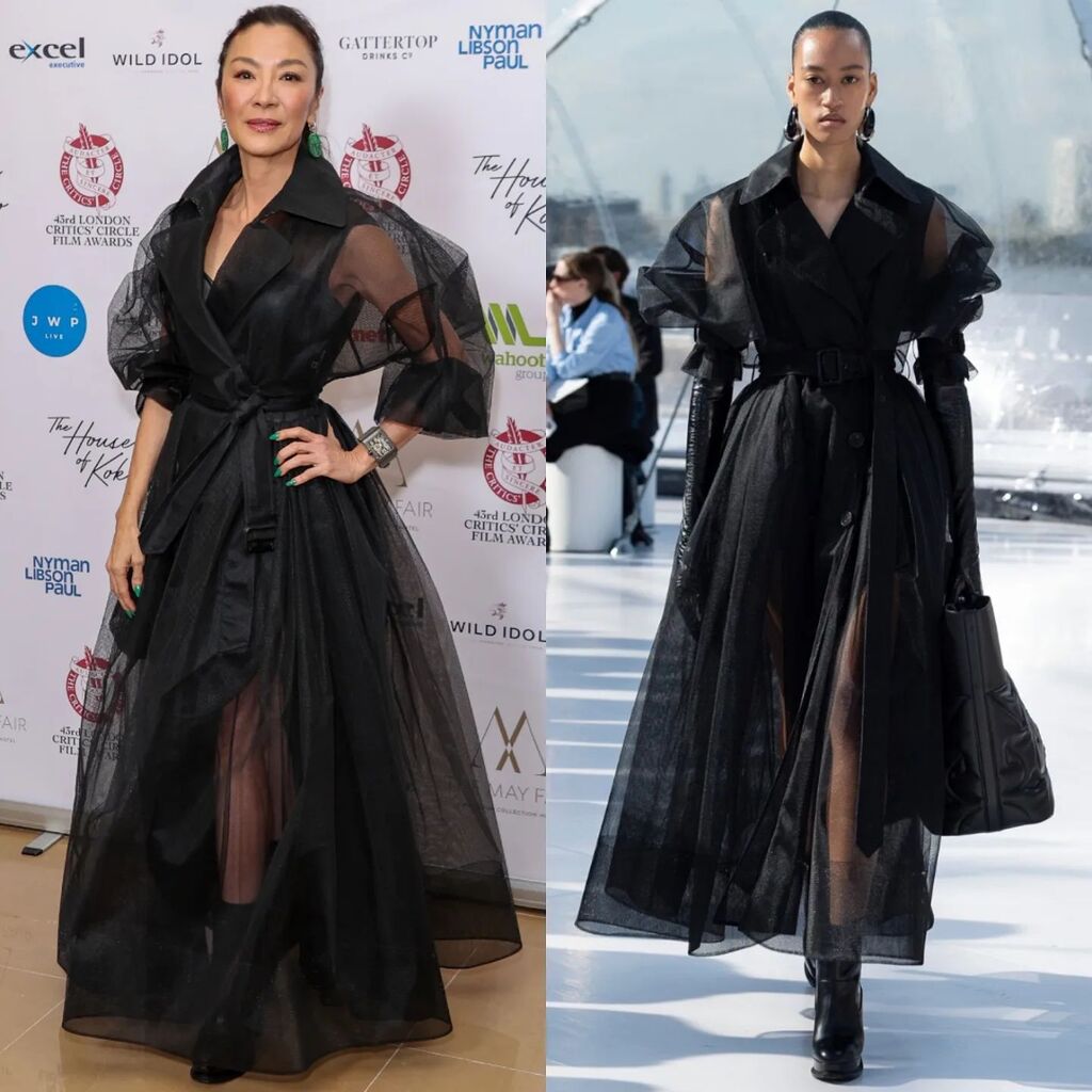 Michelle Yeoh de Alexander McQueen Verão 2023 no 'London Critics' Circle Film Awards 2023', em Londres. #LondonCritics #MichelleYeoh #CriticsCircleAwards #AlexanderMcQueen 📸 Getty Images / Vogue Runway