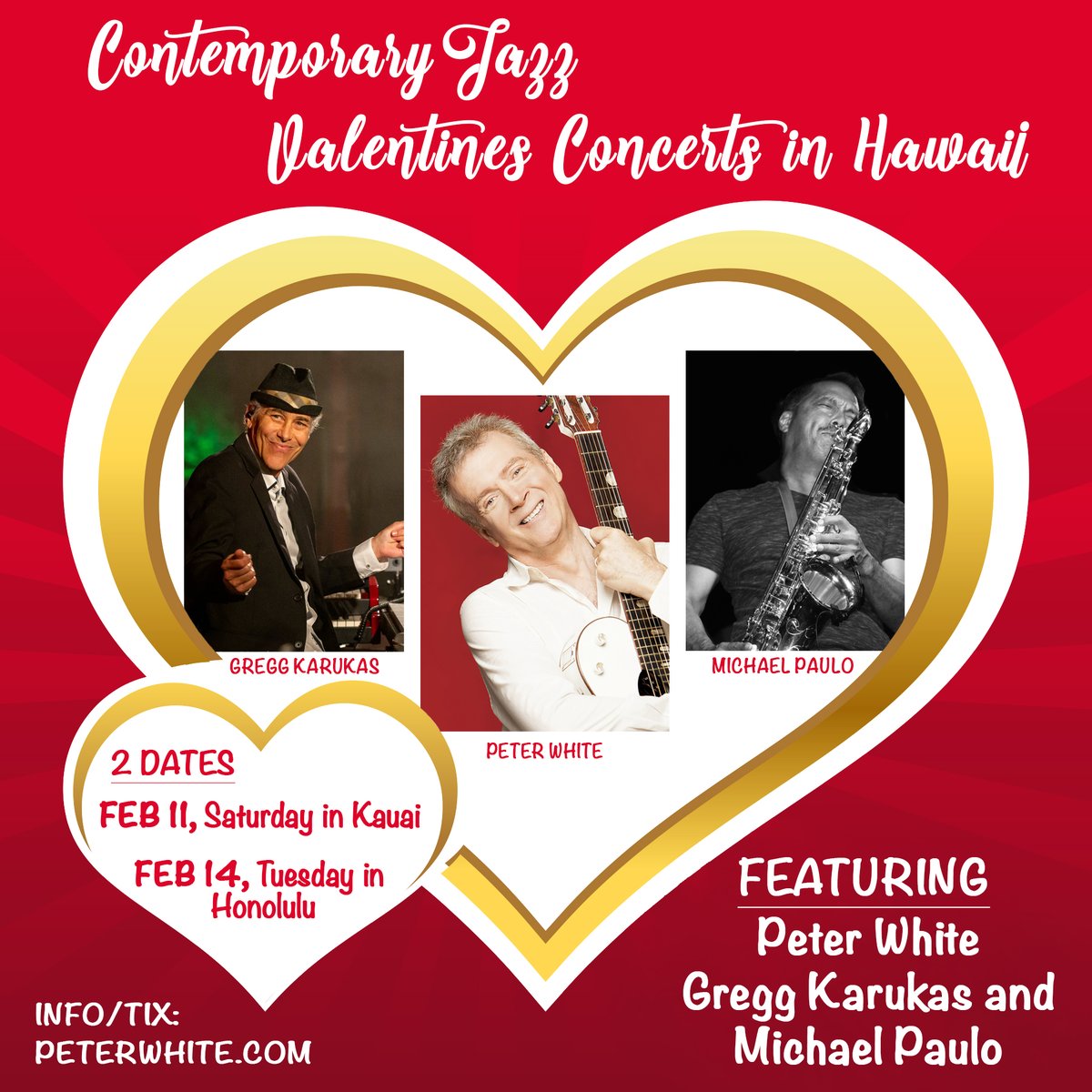 Glad to be returning to Hawaii for a pair of special Valentine's concerts with Gregg Karukas and Michael Paulo!
February 11 Saturday in Kaua'i and February 14 Tuesday in Honolulu!  #Hawaii 
Kaua'i Info- bit.ly/KauaiValentine…
Honolulu Info- bit.ly/HonoluluValent…