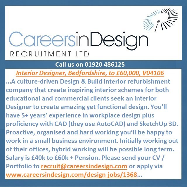 A #Bedfordshire creator of inspiring interior schemes for both educational and commercial clients seek an #InteriorDesigner. careersindesign.com/design-jobs/13… #designjobs #interiordesign #autocad #sketchup3d #sketchup #workplacedesign #officedesign #educationaldesign #conceptdesign #jobs