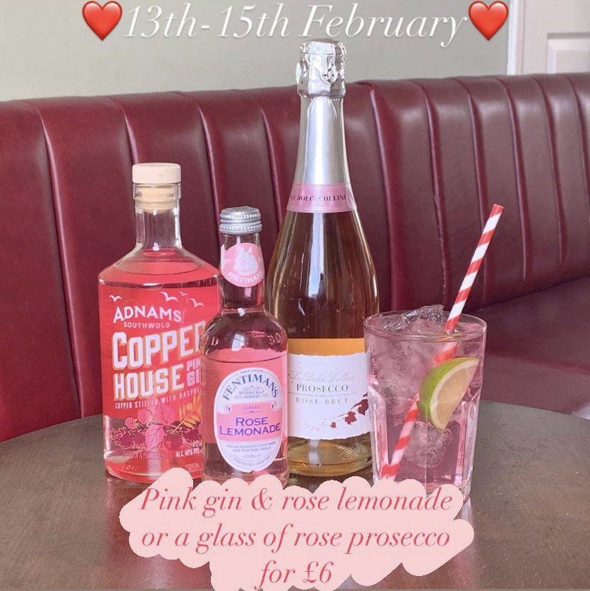 Whether you’re one to celebrate valentines, or its just another day, come and enjoy an @Adnams pink gin & rose lemonade or a glass of rosé prosecco for £6!