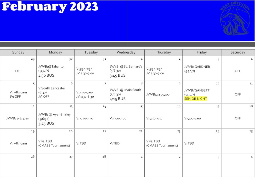 Team Schedule 2/6-2/12

2/6: V vs. S. Lancaster 6:30, JV OFF

2/7:  V 7:30-9:00, JV 7:30-8:30

2/8: @ Main South (5/6:30) 4:15 BUS 

2/9:  V/JV 2:15-4:00 
        
2/10: vs. ‘Gansett: JV 5:30/V 7:00
🚨SENIOR NIGHT🚨

2/11: OFF

2/12: V/JV 7-8:30 AM

Full Month: