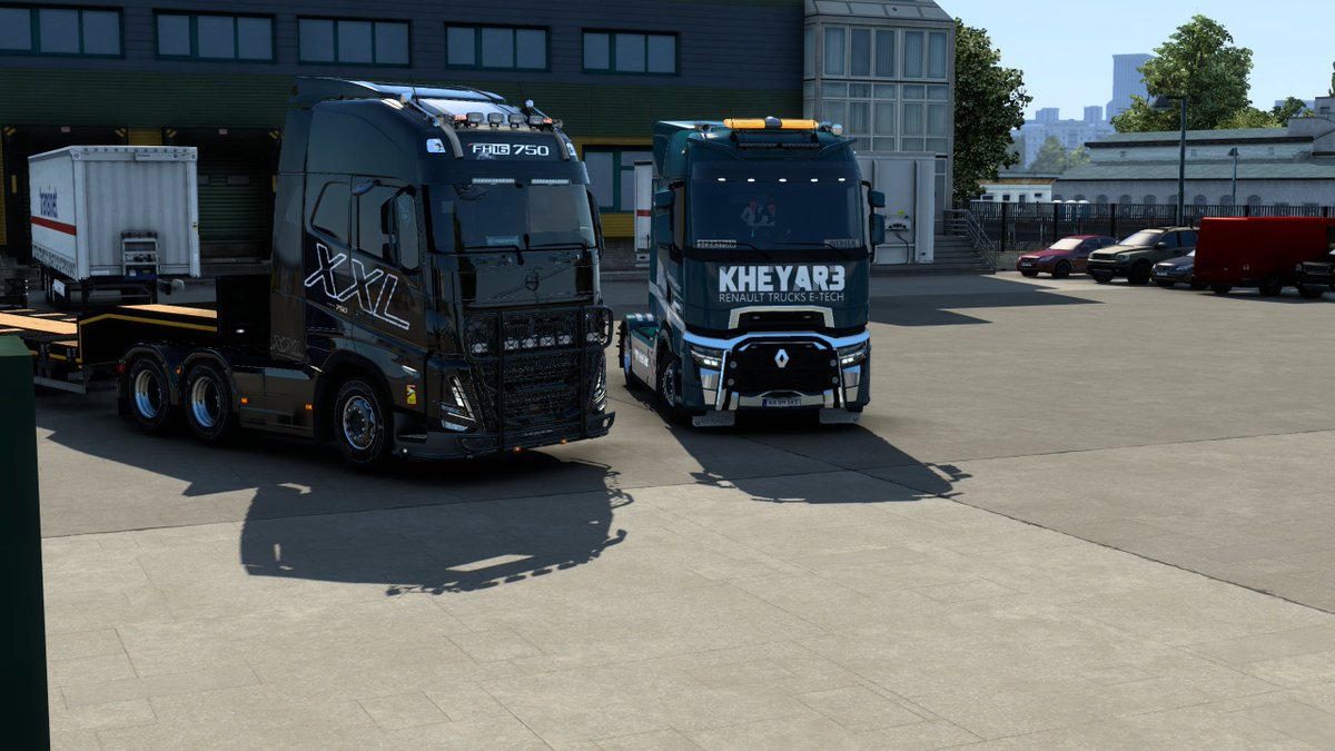 @SCSsoftware
@MohSkinner
@VolvoGroup 
#ETS2
#BestCommunityEver
#SwitchToElectric
#RenaultTrucksEvolution

Driving in the Benelux states with low emmission, @ExaminerIan with the newest, fuelsaving Volvo engine and me with the Prototype of the electric Renault T!