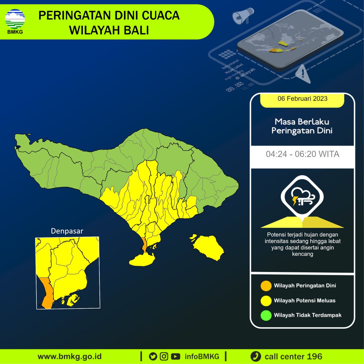 infoBMKG's tweet photo. Update Peringatan Dini Cuaca Wilayah - Bali Tgl. 06 Februari 2023 pkl. 04:24 WITA
Prakirawan - BMKG - Bali
https://t.co/8OUZB3oawd https://t.co/1J1tgL0IPY