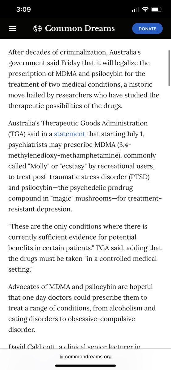 OneDabBitch's tweet photo. Congratulations to Australia for making history! Psychedelic therapy with Psilocybin &amp; MDMA is officially legal🇦🇺 🎉🍄🦘 screenshot of an article by: @commondreams #psychedelics #mdma #psilocybin #magicmushrooms #legalize #psychedelictherapy #drugpolicy https://t.co/oPdBGYqpLh